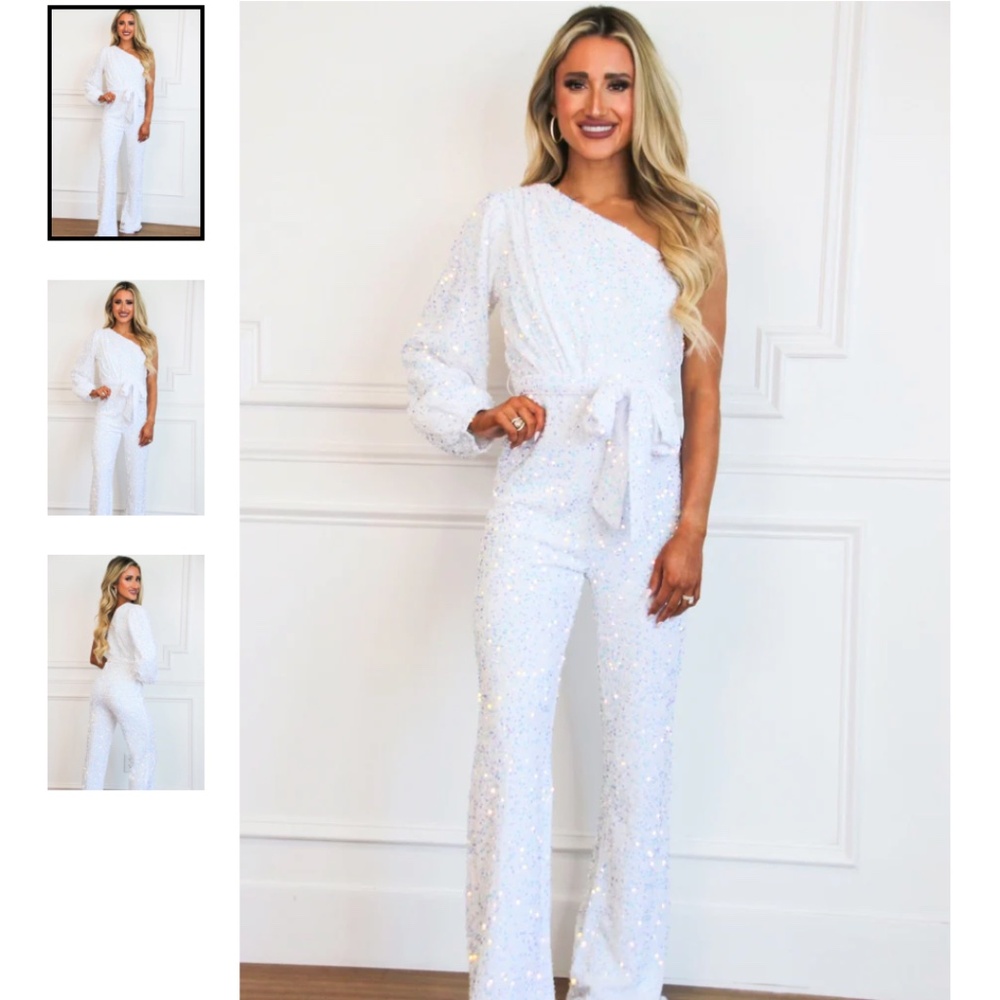 White Sequin Jumpsuit - one shoulder